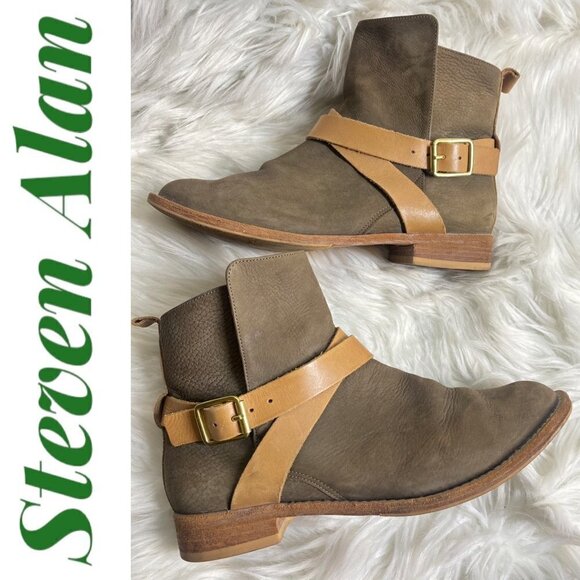 STEVEN ALAN Jodphur Genuine Suede Wrap Buckle Taupe Chelsea Bootie, Size 38 - Picture 1 of 11
